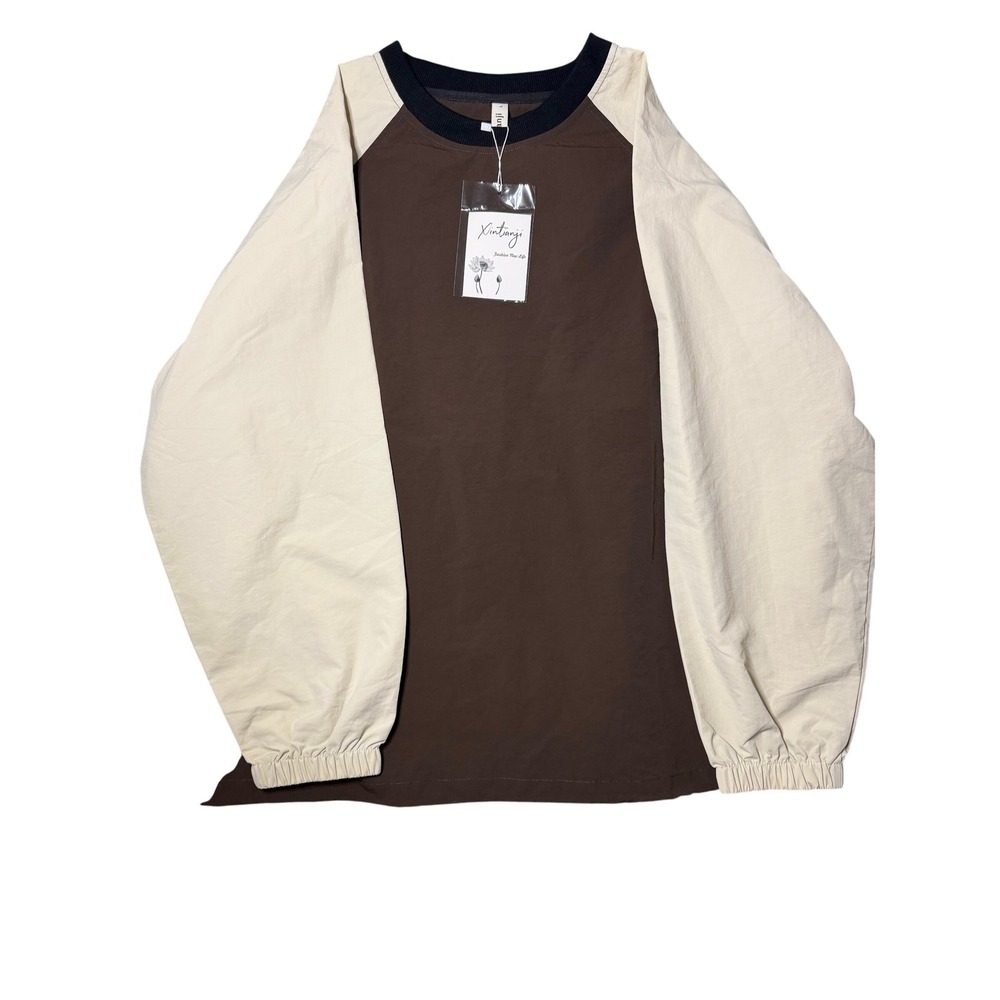 Mens Xintianji Brown Cream Long Sleeve Windbreaker Pullover Drawstring Hem L
